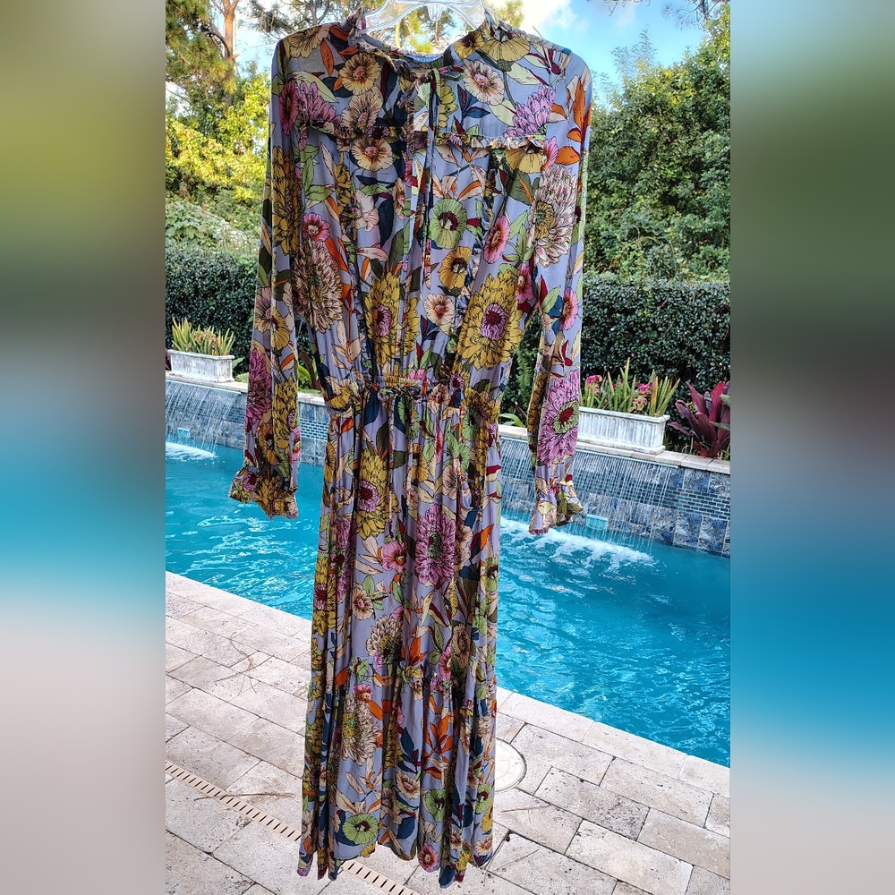 Boho-chic Floral Ruffle Long Sleeve Split-neck Maxi Dress Women's Size M NWOT - Picture 3 of 7